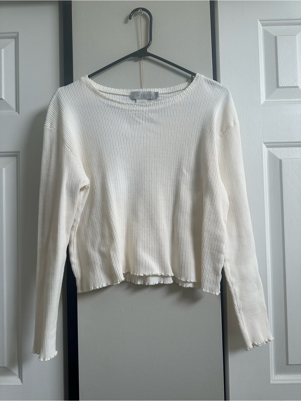 Vintage Tweeds 100% Cotton Ribbed Cream Lettuce Hem Long Sleeve Cropped Large